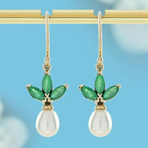 Emerald Pearl Butterfly Earrings in Solid 9K Gold - Vintage Style Fine Jewelry Gift for Women