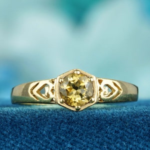 Natural Citrine Vintage Style Heart Shoulders Solitaire Ring in Solid 9K Yellow Gold