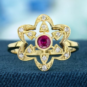 Natural Ruby and Diamond Vintage Style Floral Ring in Solid Yellow Gold