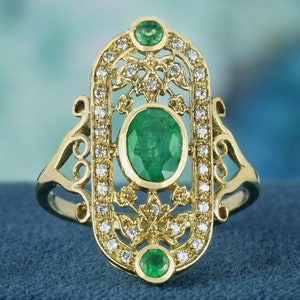 Natural Emerald and Diamond Vintage Style Cocktail Ring in Solid 14K Yellow Gold