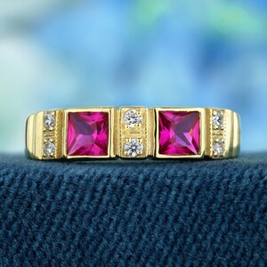 Two Stone Ring - Natural Ruby & Diamond Art Deco Style in Solid 9K Yellow Gold