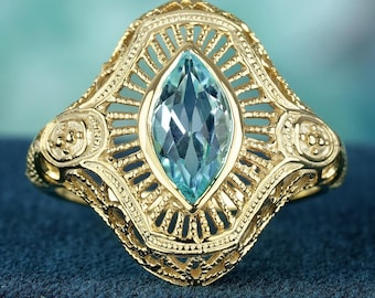 9K Yellow Gold Solid Marquise Blue Topaz Victorian Style Filigree Cocktail Ring