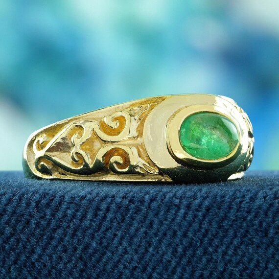 天然カボションエメラルドのヴィンテージスタイル彫刻バンドリング