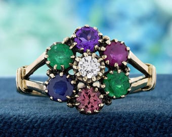 14K Yellow Gold Solid Multi Gemstone Vintage Style Floral Cluster Ring