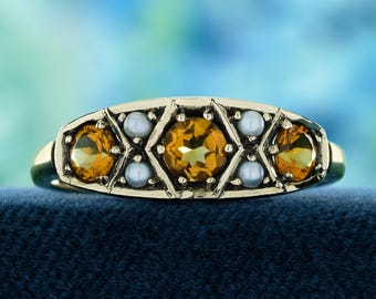Anillo de citrino y perla estilo vintage / Joyería de piedras preciosas en oro amarillo de 9K-14K