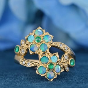 Natural Emerald Opal & Diamond Flower Cluster Ring | Vintage 9K Gold Statement Jewelry for Special Occasions
