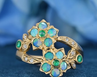 Natural Emerald Opal & Diamond Flower Cluster Ring | Vintage 9K Gold Statement Jewelry for Special Occasions