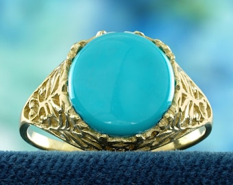 Natural Turquoise Cabochon Ring - Vintage Style Filigree in Solid 14K Yellow Gold, Unique Jewelry Gift for Her