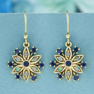 Natural Blue Sapphire and Opal Vintage Style Floral Cluster Drop Earrings in Solid 9K Gold