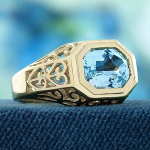 Natural Blue Topaz Antique Style Filigree Ring in Solid Yellow Gold | Heart Motif Design