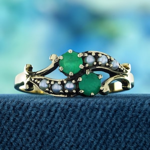 Natural Emerald and Pearl Duo Stone Ring in 9K Yellow Gold, Vintage Style Engagement Ring | Elegant Gift for Her