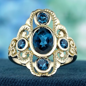 Natural London Blue Topaz Cocktail Ring | Vintage Style 14K Yellow Gold Jewelry | Elegant Statement Ring