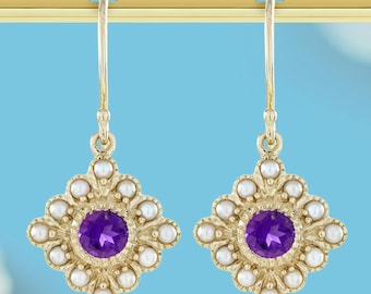 Antique Amethyst Seed Pearl Gold Earrings Vintage 14k real solid gold Pearl amethyst Earrings​​​​ display picture 1