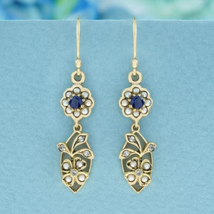 Blue Sapphire Pearl Diamond Vintage Style Floral Drop Earrings in Solid 9K Yellow Gold