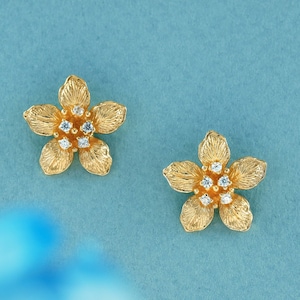 Natural Diamond Vintage Style Floral Stud Earrings in Solid 9K Yellow Gold