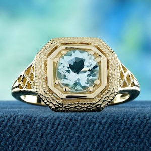 Aquamarine Ring 0.70 ct Vintage Filigree Solid 9K Yellow Gold Elegant Statement Jewelry Gift