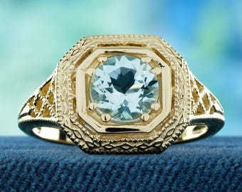 Anillo de aguamarina de 0,70 ct, filigrana vintage, oro amarillo macizo de 9 quilates, elegante joya de regalo.