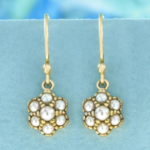 Natural Pearl Vintage Victorian Style Floral Cluster Earrings in Solid 9K Gold