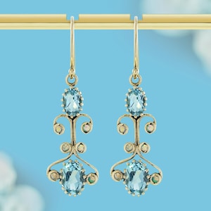 Natürliche Blautopas Ohrringe | Viktorianischer Stil in Massivem 9Kt Gold | Vintage Schmuck Geschenk für sie