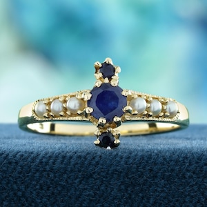 Natural Blue Sapphire & Pearl Ring Solid 9K Yellow Gold Vintage Style Elegant Statement Jewelry