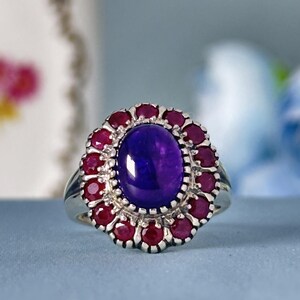 Silver 925 Natural Amethyst and Ruby Vintage Style Floral Solitaire Ring
