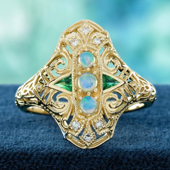 Natural Opal Emerald Diamond Three Stone Ring Vintage Style 9K