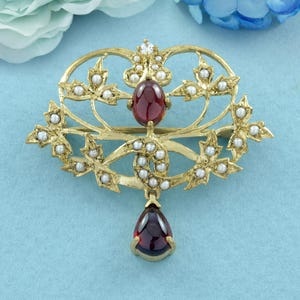 Natural Garnet Cabochon Brooch | Handcrafted 9K Gold Leaf & Pearl Floral Design | Unique Gift with Diamond for Birthdays