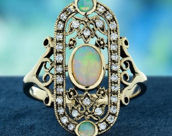 Opal and Diamond Vintage Cocktail Ring in Solid 14K Yellow Gold – Natural Gemstone Statement Jewelry for Women