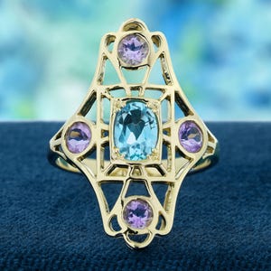 Natural Blue Topaz Ring, 9K Yellow Gold Vintage Filigree with Pink Amethyst, Elegant Jewelry Gift for Her