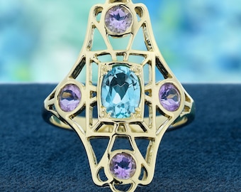 Blue Topaz Ring, 9K Yellow Gold Filigree, Pink Amethyst Accents