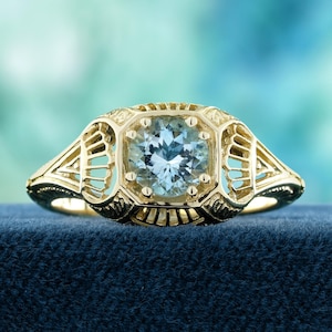 Natural Aquamarine Ring in Solid 9K Yellow Gold - Vintage Style Gemstone Jewelry, Birthstone Gift for Women