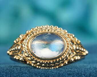 Anello con pietra di luna / Anello ovale con motivo a corda / Oro giallo massiccio 14 carati