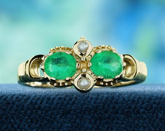 Emerald Pearl Ring | Antique-Inspired Scrollwork Ring in Solid Gold | Anniversary Fine Jewelry