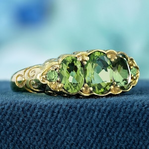Natural Peridot Vintage Style Three Stones Ring in Solid 9K Yellow Gold for Women, Antique Jewelry & Gift