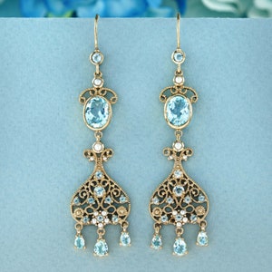 Natürliche Blautopas und Perlen Vintage Stil Ohrringe in 9K Gelbgold