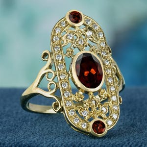 Anello da cocktail in stile vintage con granato naturale e diamanti in oro giallo massiccio 9K / Pietra preziosa unica / Anello per occasioni speciali