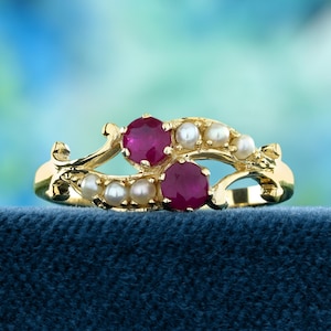 Two Stone Ring: Natural Ruby & Pearl Vintage Style in Solid 9K Gold, Elegant Dainty Jewelry Gift for Her