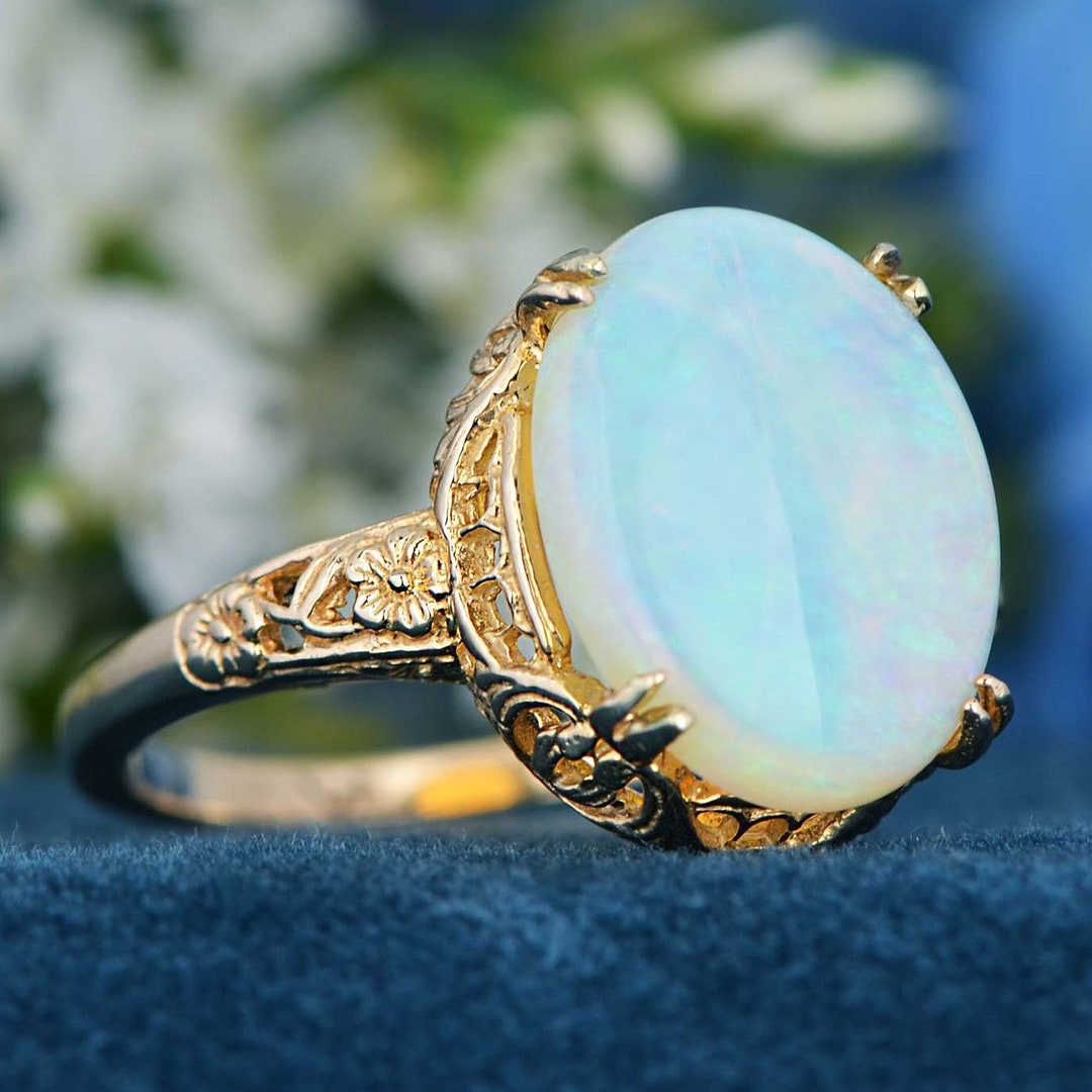 Natural Opal Vintage Style Floral Filigree Ring in Solid 14K