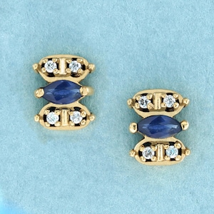 Marquise Blue Sapphire and Diamond Vintage Style Stud Earrings in Solid 9K Gold