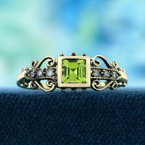 Natural Peridot and Diamond Ring | Vintage Style Jewelry in Solid 9K Yellow Gold | August Birthstone Gift