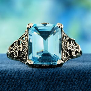 Natural Emerald Cut Blue Topaz Vintage Style Filigree Ring in Solid 9K Yellow Gold