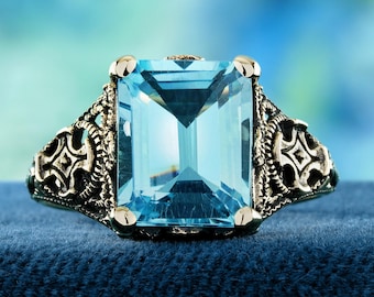 Natural Emerald Cut Blue Topaz Vintage Style Filigree Ring in Solid 9K Yellow Gold