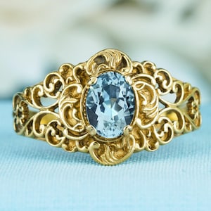 Natural Blue Topaz Vintage Style Filigree Ring in Solid 9K Yellow Gold, Art Deco Jewelry, Unique Gift for Her
