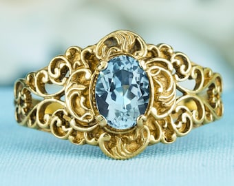Natural Blue Topaz Vintage Style Filigree Ring in Solid 9K Yellow Gold, Art Deco