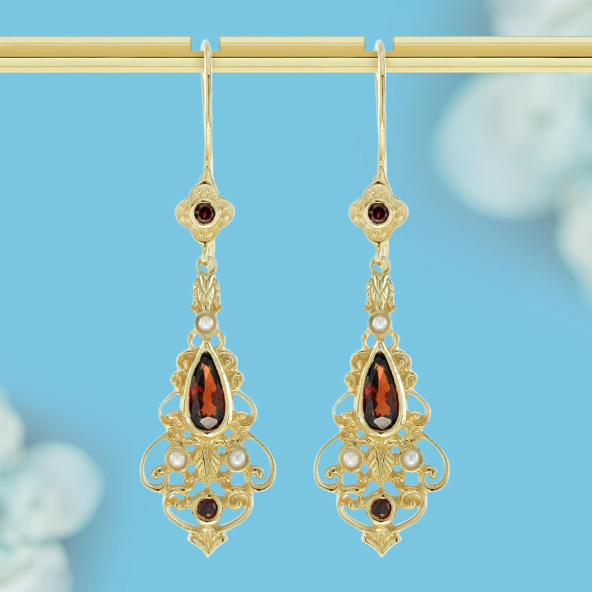 Natural Garnet & Pearl Dangle Earrings in 9K Yellow Gold Vintage Style Jewelry Gift for Her