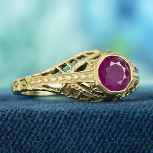 Natural Ruby Vintage Style Filigree Ring in Solid Yellow Gold | Elegant Jewelry Gift for Her | Anniversary or Engagement