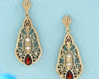 Garnet and Pearl Vintage Style Filigree Drop Earrings in Solid 9K Gold, Elegant Natural Gemstone Jewelry