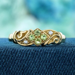 Natural Peridot Cluster and Pearl Vintage Style Ring in Solid Yellow Gold