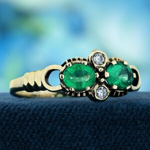 Natural Emerald and Diamond Ring | Vintage Style Two Stone in Solid 9K Yellow Gold