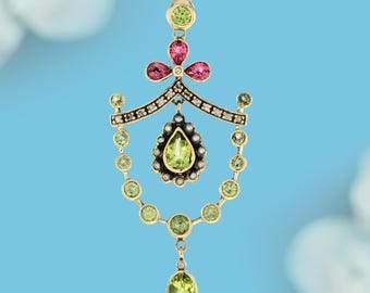 Natural Peridot Pink Tourmaline and Pearl Diamond Vintage Style Pendant in 14K Yellow Gold | Elegant Jewelry for Her Gift